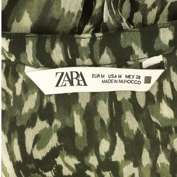 Zara Chiffon Ruffle V-Neck Mini Dress | Black Beige Print | Size Medium - Picture 4 of 4